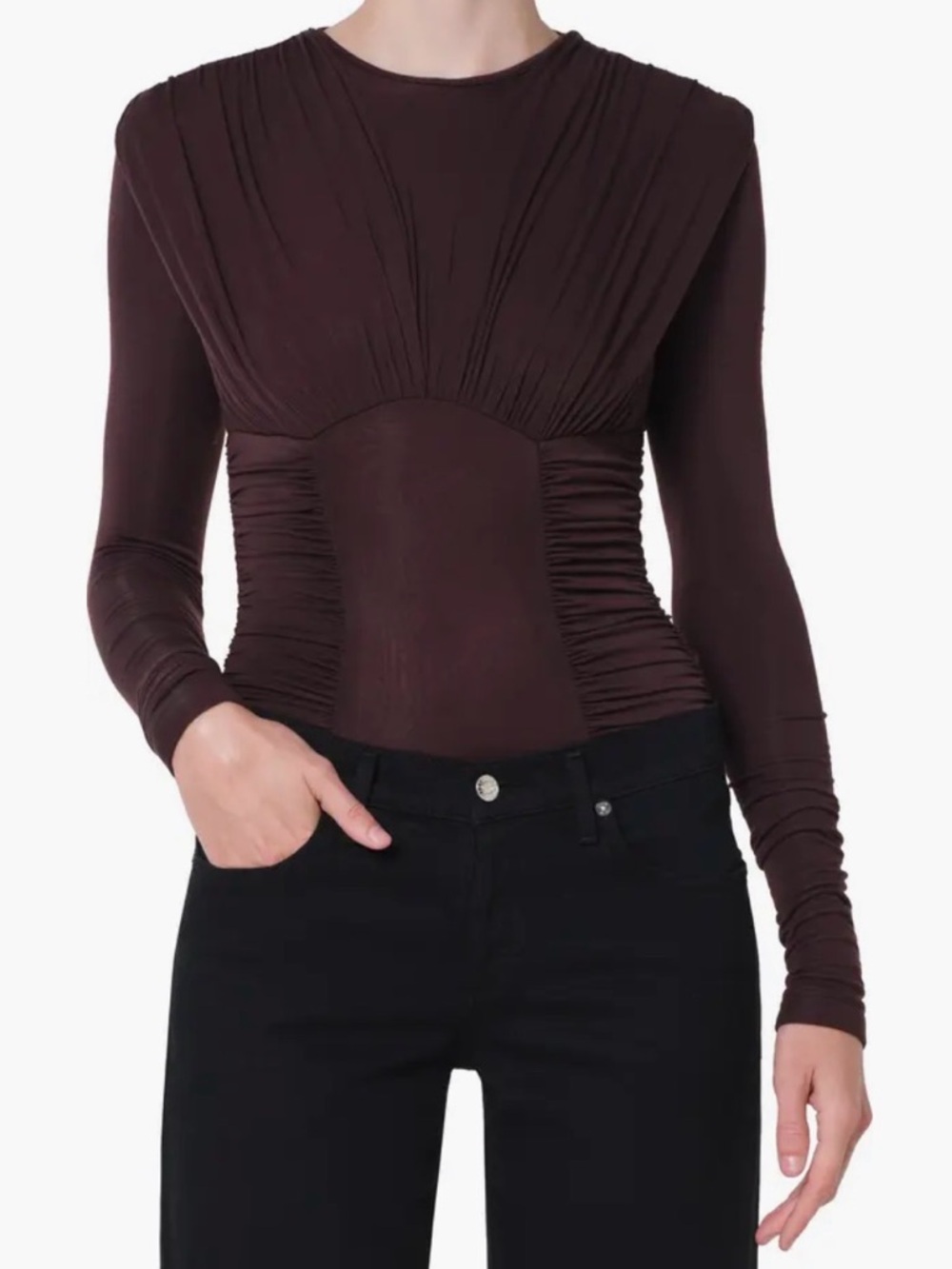 Agolde Ruched Long-Sleeve Bodysuit in Dark Brown